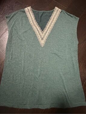 SHEIN Olive Green V-Neck Tank with Cream Lace Trim
